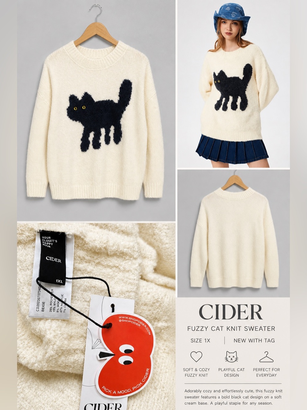 Cider Fuzzy Black Cat Sweater Cream Yellow Eyes Size 1X NWT